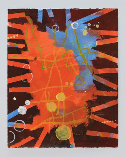 An abstract artwork feaurting mostly orange and blue with a dark brown background and yellow and green highlights. 