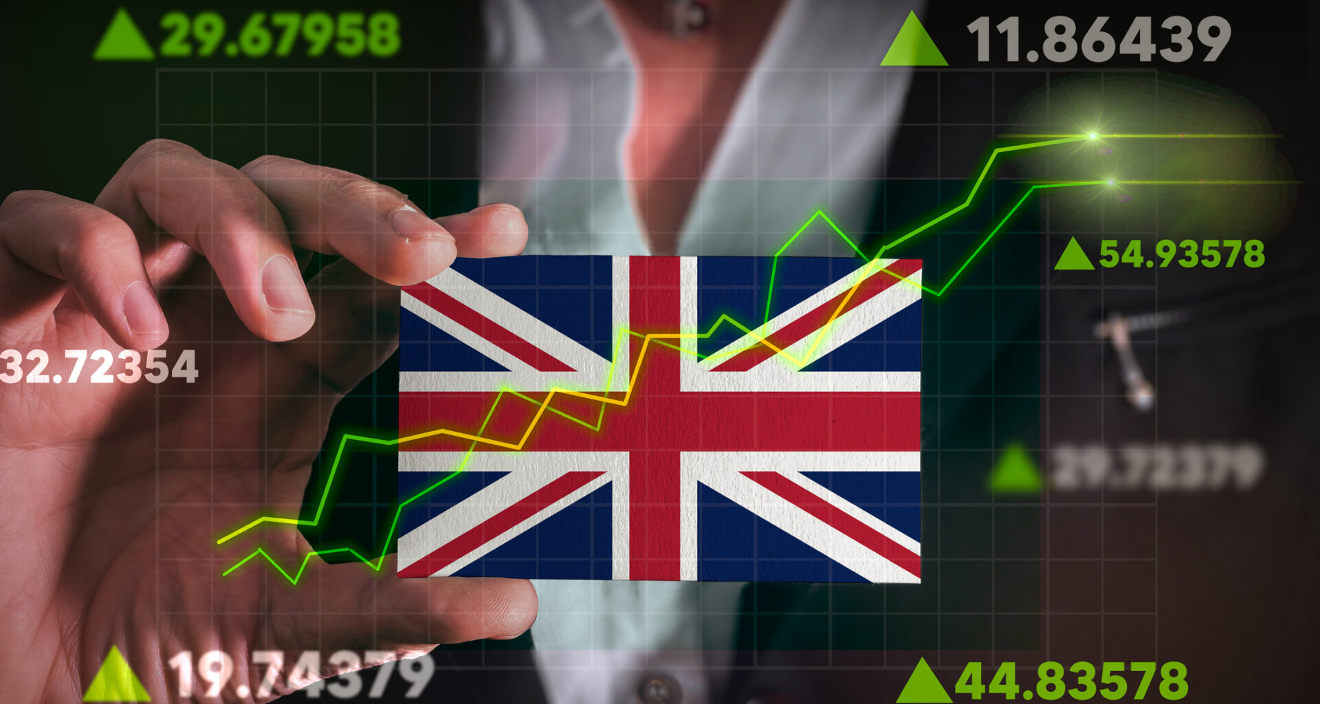 Graph growing Union Jack UK stock market investment concept