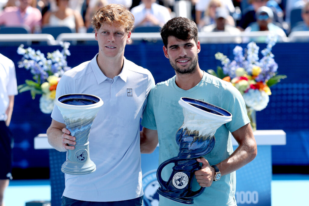 Jannik Sinner of Italy and Carlos Alcaraz of Spain pose with their Rookwood Cups after the men's final of the Cincinnati Open at Lindner Family Tennis Center on August 18, 2025 in Mason, Ohio.