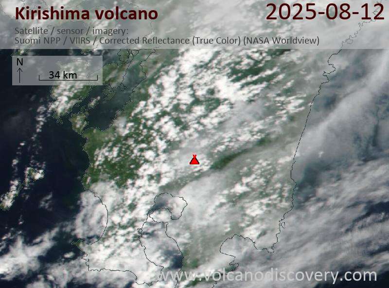 Satellite image of Kirishima volcano on 12 Aug 2025