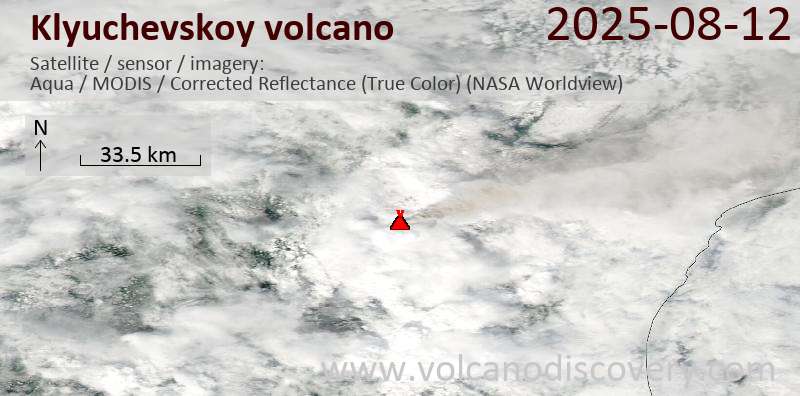 Satellite image of Klyuchevskoy volcano on 12 Aug 2025