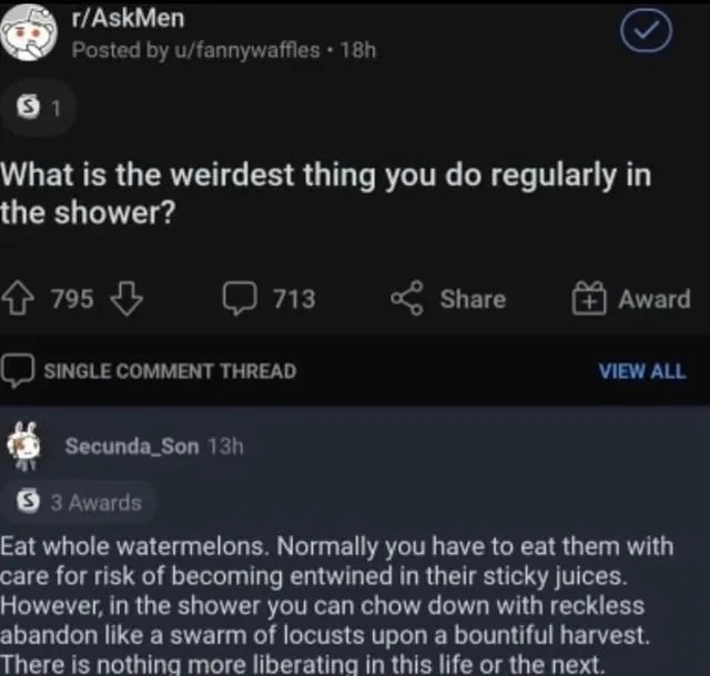 Reddit post asking about strange shower habits; comment mentions eating watermelons without worry of sticky mess