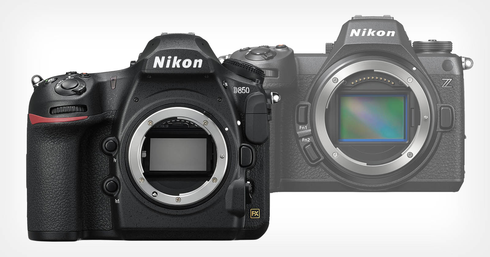 Two Nikon cameras are shown: a Nikon D850 DSLR on the left with its lens removed, revealing the sensor, and a Nikon Z series mirrorless camera on the right, partially faded into the background.