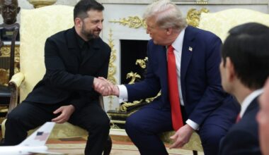 US President Donald Trump shakes hands with Ukrainian President Volodymyr Zelenskyy during a meeting in the Oval Office at the White House on August 18 2025 in Washington