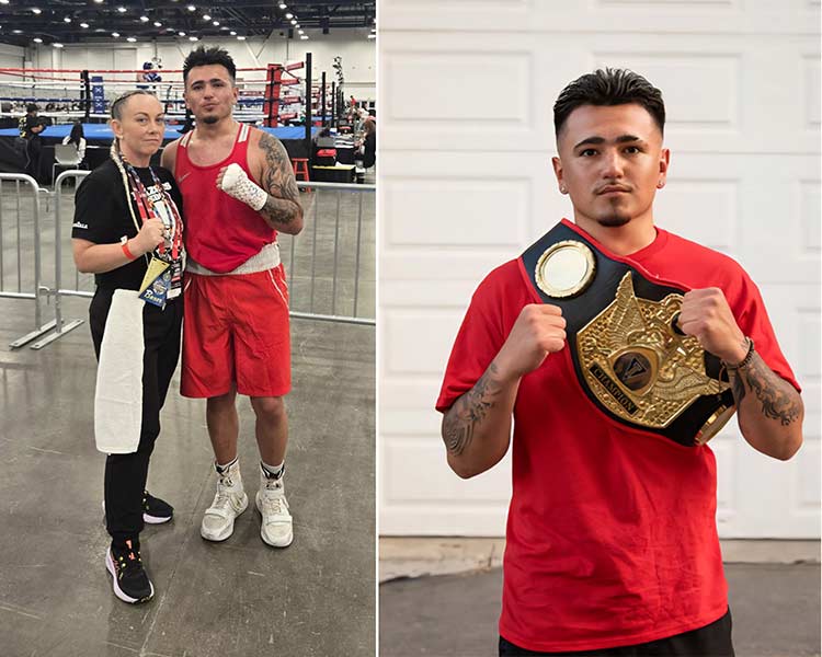 Left: Saul Juarez with club head coach Holly Gregson at a recent tournament. Right: Juarez poses for a photo after emerging victorious in a recent bout. | Courtesy Holly Gregson