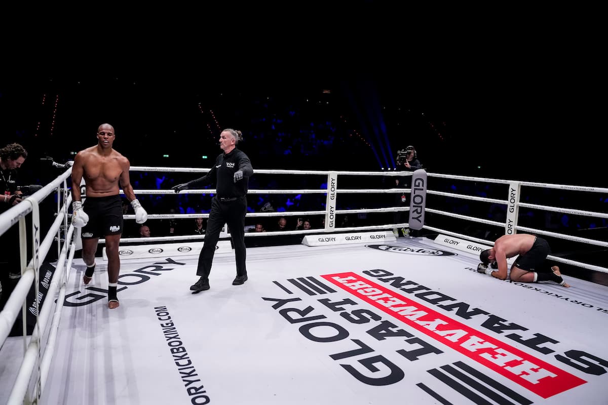 Levi Rigters knocks down Jamal Ben Saddik during their kickboxing bout at Glory 103 at the Rotterdam Ahoy