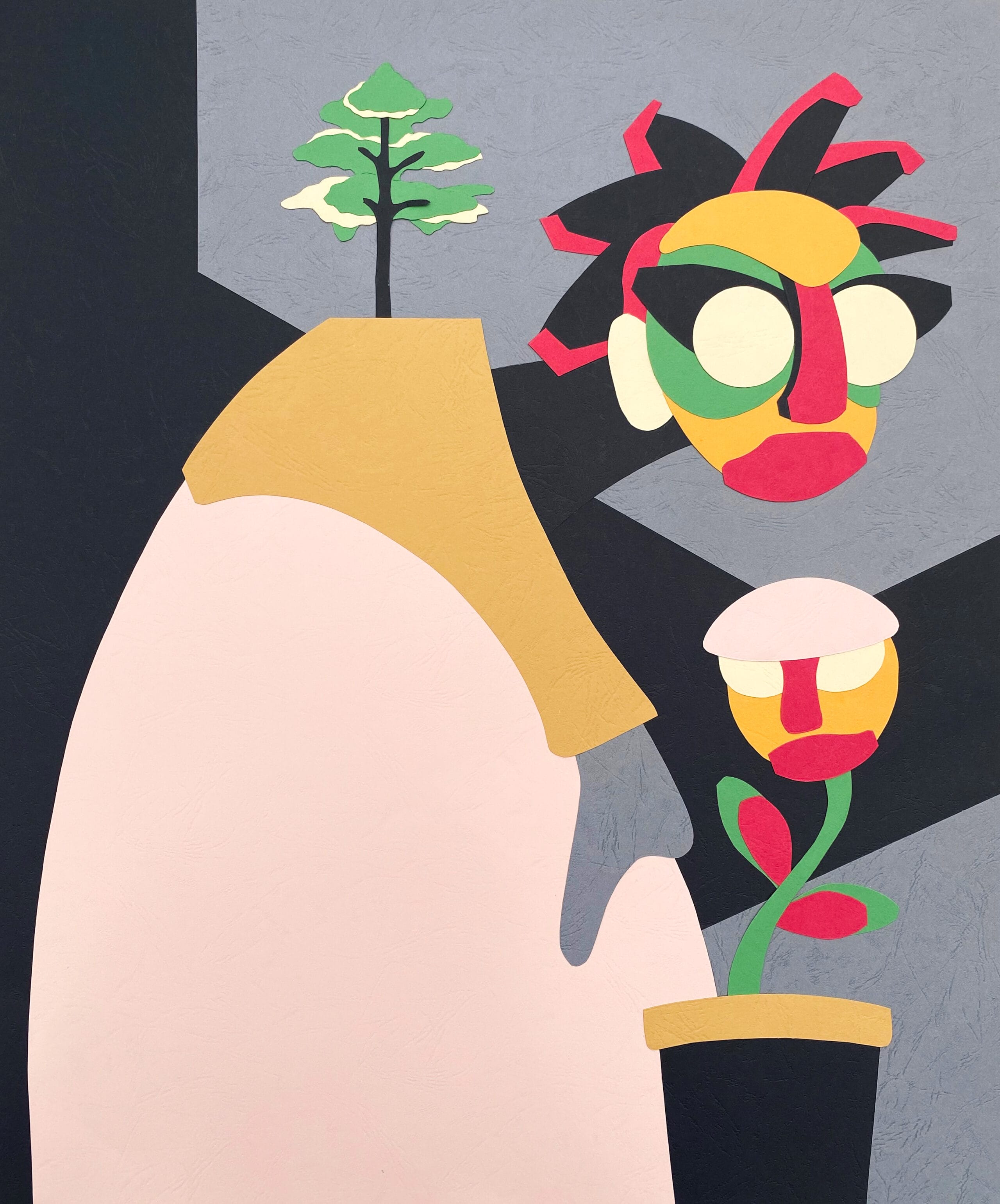 an abstract paper collage by Lawrence Meju featuring a figure with a tree growing out of their back, holding a flower with a face