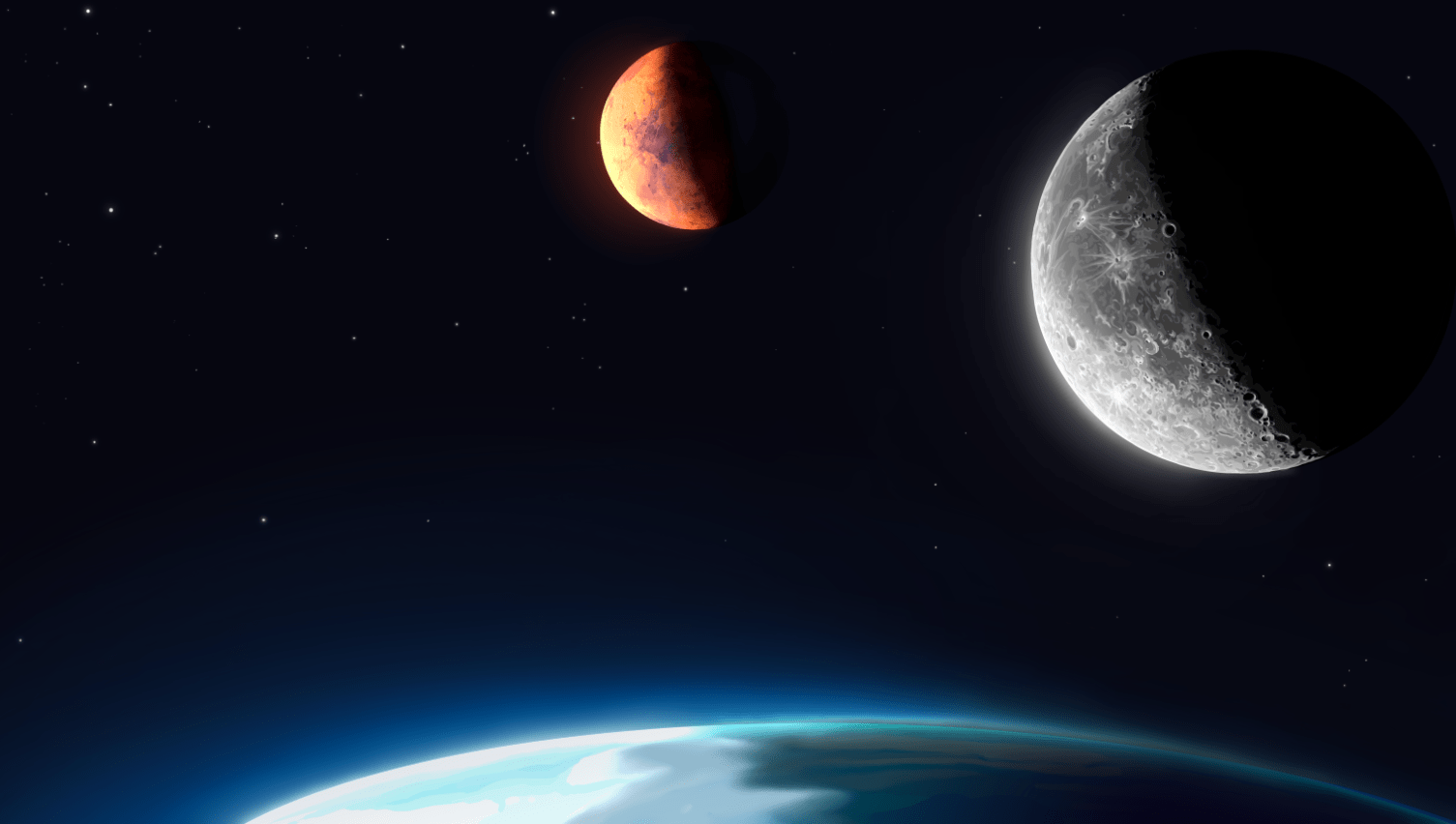 An artist’s concept of the Moon (right) and Mars (center) against the starry expanse of space. A sliver of the Earth’s horizon can be seen in the foreground.