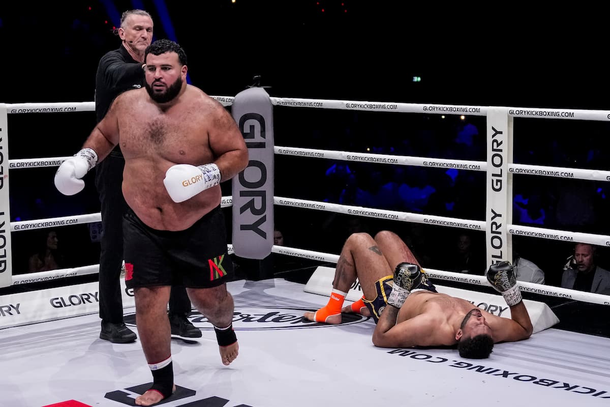 Nabil Khachab knocks down Nathan Cook during their kickboxing bout at Glory 103 at the Rotterdam Ahoy