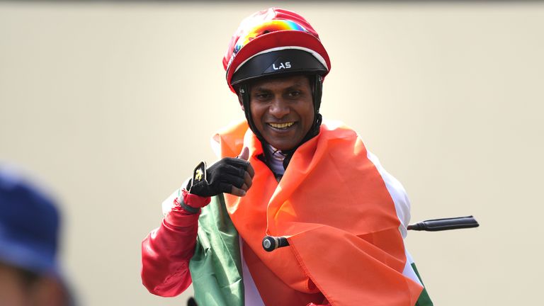 Suraj Narredu smiles after victory at Ascot in the Shergar Cup