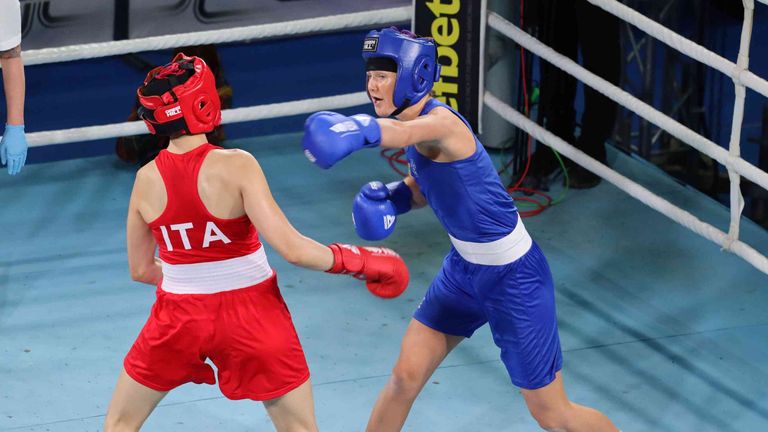 Sacha Hickey beats Italian Olympian Angela Carini at the Strandja tournament.