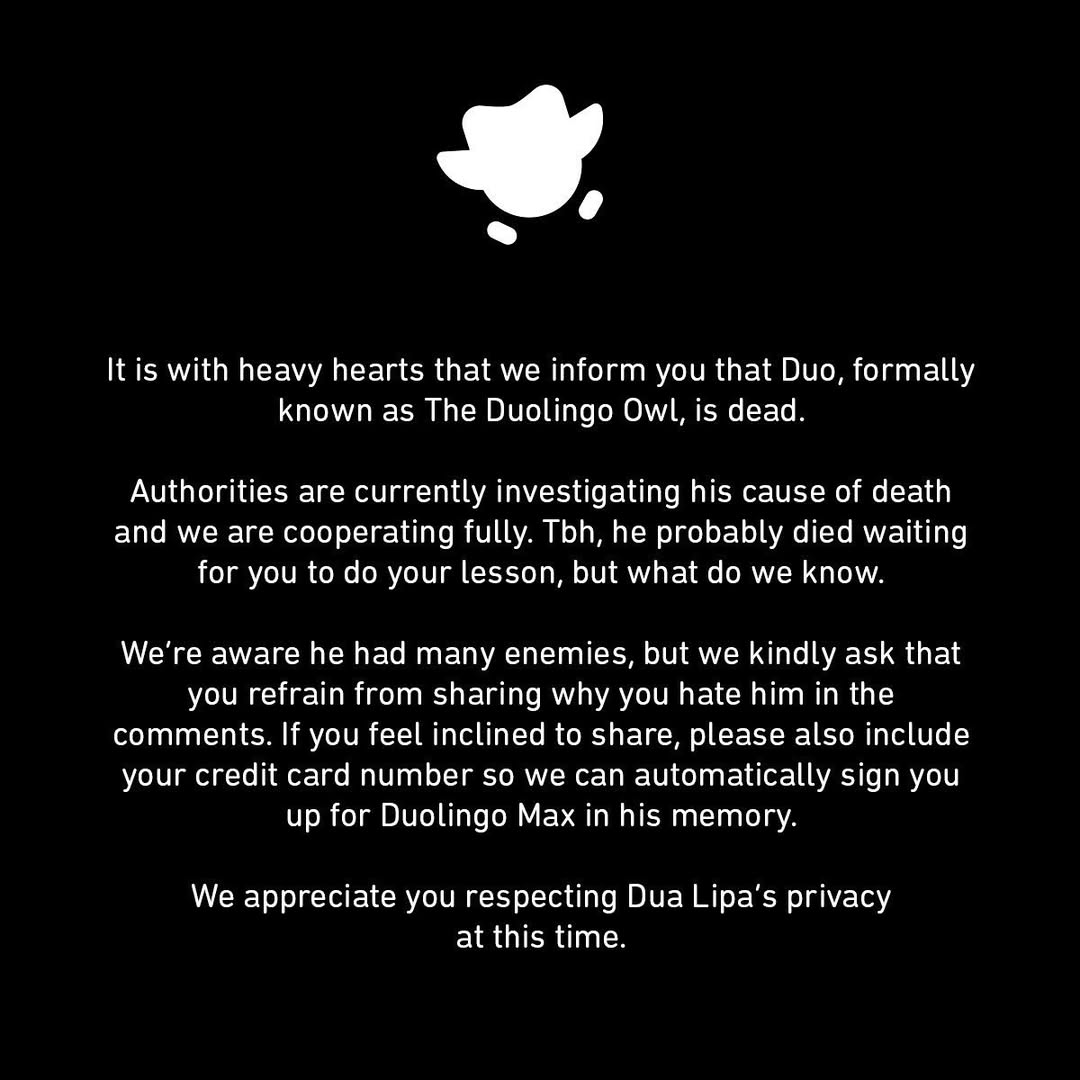 Social media announcement of the death of Duolingo.