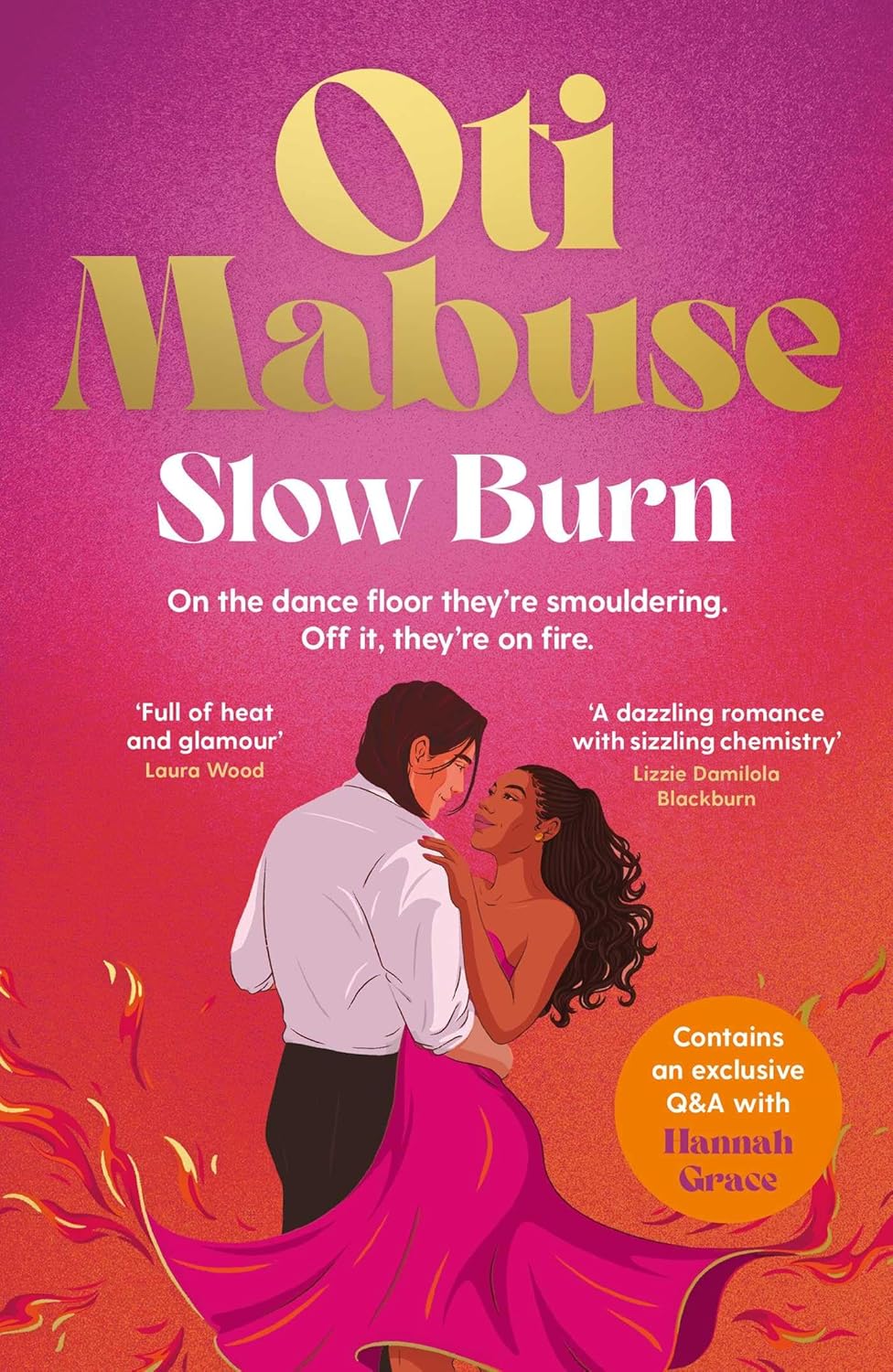 Illustration of a book cover for Oti Mabuse's *Slow Burn*, featuring an illustration of a couple dancing.