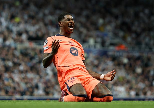 Marcus Rashford of FC Barcelona celebrates scoring his team's first goal during the UEFA Champions League 2025/26 League Phase MD1 match between Newcastle United FC and FC Barcelona at St James' Park on September 18, 2025 in Newcastle upon Tyne, England. 