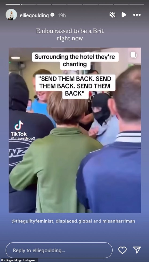 It comes after Ellie said on Instagram that anti-migrant protesters amassing outside hotels used to house asylum seekers make her 'embarrassed to be British'