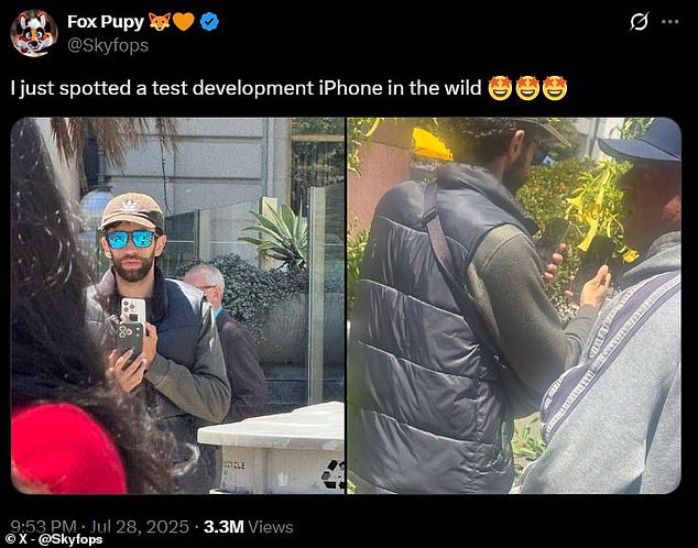 A prototype iPhone 17, complete with wide camera bar, was spotted 'in the wild' by a social media user in San Francisco