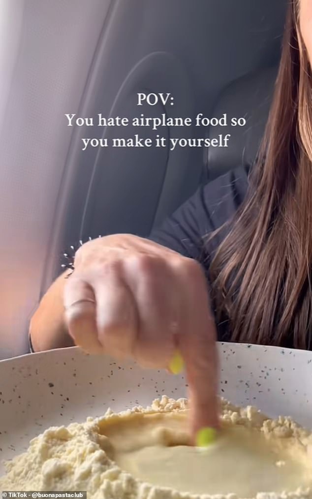 Known as @buonapastaclub on TikTok , the self-confessed pasta lover announced in a now-viral video : 'Point of view: You hate airplane food, so you make it yourself'