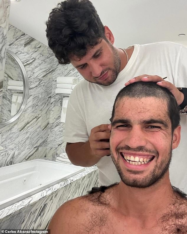 Carlos Alcaraz transformed himself with a radical new haircut ahead of the US Open - courtesy of a mistake by his brother Alvaro (pictured)