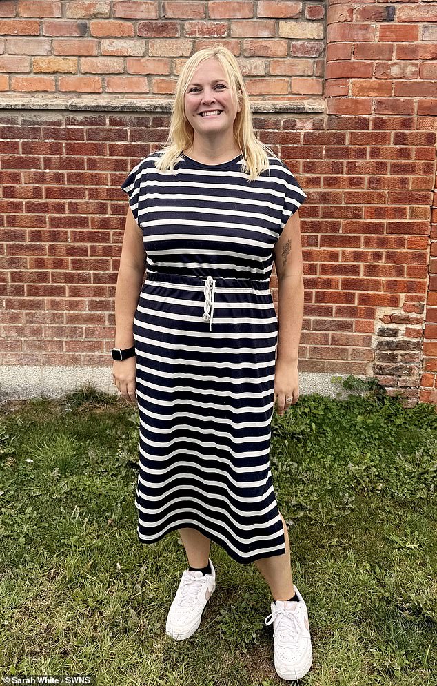 A year on and she has now lost 8st, slimming down from a size 24 to a 14st size 16 - a change that she attributes to lifestyle improvements as well as fat jabs (pictured after losing 8st)