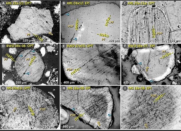 The team identified shocked quartz (pictured) in the samples, which forms when minerals are subjected to sudden, intense pressures such as those generated by a meteorite impact or large-scale atmospheric explosion
