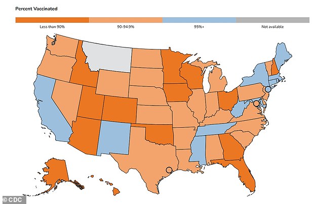 The above CDC map shows MMR vaccination rates among kindergarteners in each state