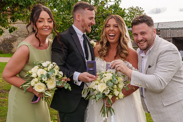 The couple (pictured with attendees) instead asked their 140 guests at the sprawling Furtho Manor Farm for a different kind of contribution, installing a card reader by the bar at their reception