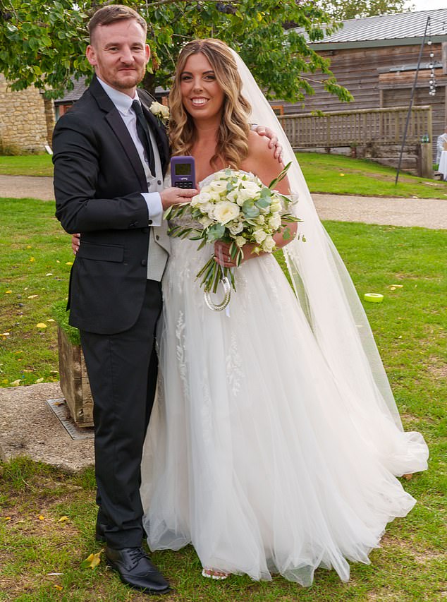 A pair of newlyweds (pictured) have shunned wedding presents on their big day and instead installed a contactless card machine for guests to tap in and pay for their honeymoon