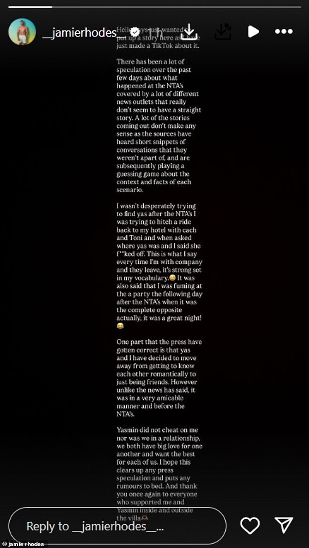 Meanwhile Jamie wrote: 'Yas and I have decided to move away from getting to know each other romantically to just being friends. It was very amicable manner and before the NTA'