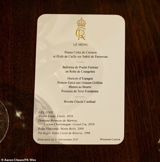 The menu for tonight's dinner features Hampshire watercress panna cotta, organic Norfolk chicken ballotine and vanilla ice bombe with a Kentish raspberry sorbet interior