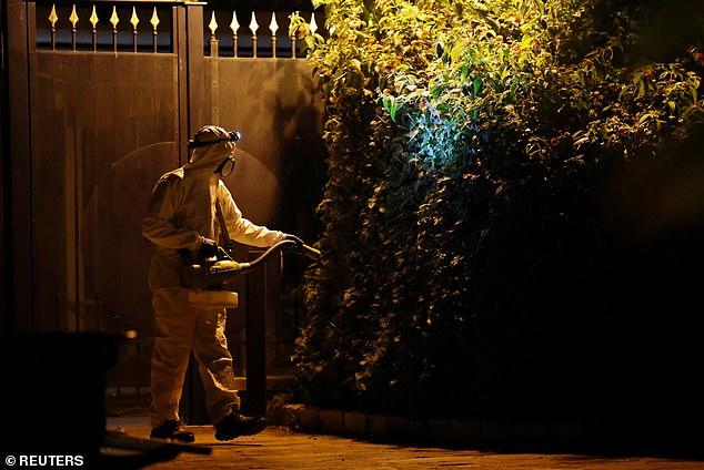 A worker sprays against mosquitoes at night in a park in France to combat the spread of chikungunya virus
