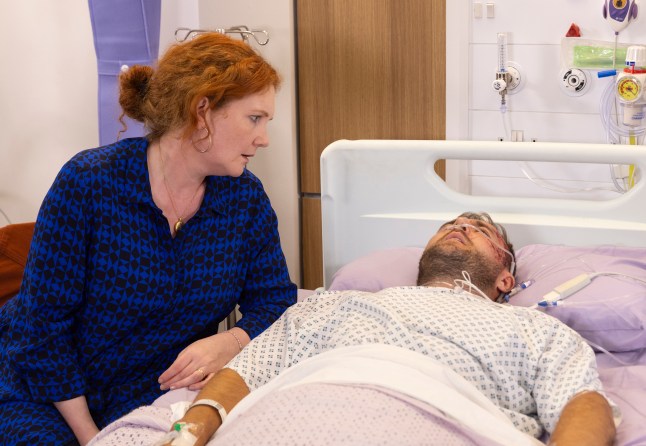Fiz Stape tends to Tyrone Dobbs while he lies in a hospital bed in Coronation Street