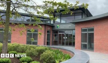 Green signage reading 'Acute Mental Health Inpatient Centre'. The sign is in front of a red brick wall and it is partially covered by a bush.