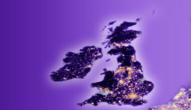 United Kingdom with detailed relief and illuminated city lights