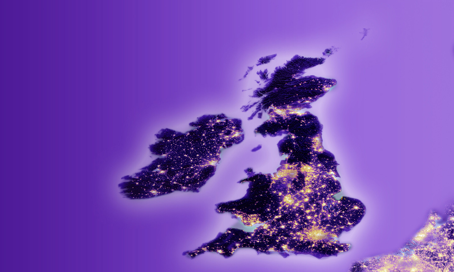 United Kingdom with detailed relief and illuminated city lights