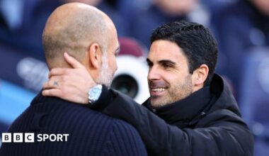 Pep Guardiola and Mikel Arteta embrace