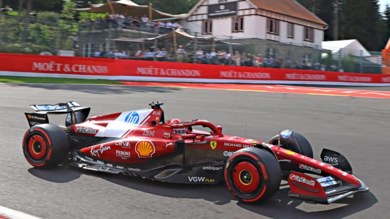Chales Leclerc (Ferrari) in La Source at the 2025 Belgian Grand Prix