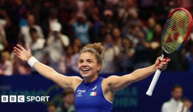 Jasmine Paolini celebrates beating American Jessica Pegula and winning the BJK Cup trophy for Italy