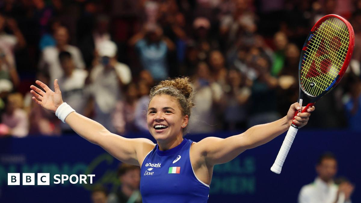 Jasmine Paolini celebrates beating American Jessica Pegula and winning the BJK Cup trophy for Italy