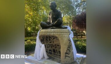 Graffiti on statue of independence hero Mahatma Gandhi in Tavistock Square, London 30 September 2025