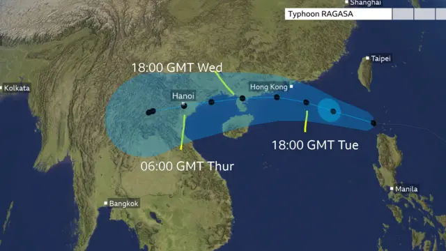 Map showing the expected path of Typhoon Ragasa from the Philippines towards southern China