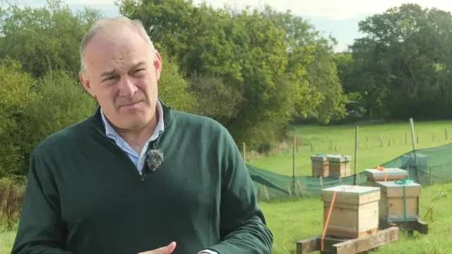 Ed Davey stands in a beekeeping field and wears a green jumper