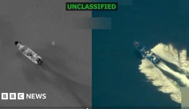 A blue boat is seen travelling on a body of water. On the left, the same boat is in black and white.