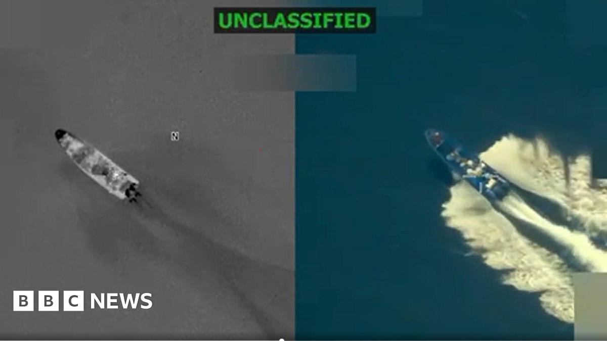 A blue boat is seen travelling on a body of water. On the left, the same boat is in black and white.