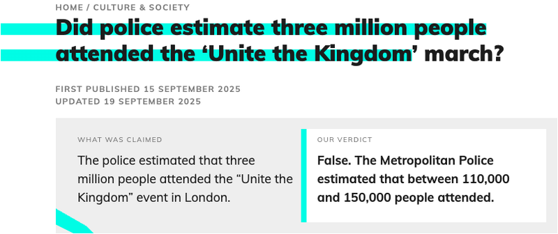 A screengrab of the title and claim-conclusion summary from the Unite the Kingdom crowd march size fact check