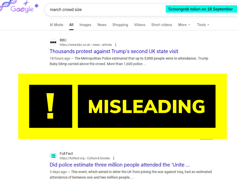 A screen capture Google's search page with search term 'crowd march size' showing Full Fact's search result with a misleading description