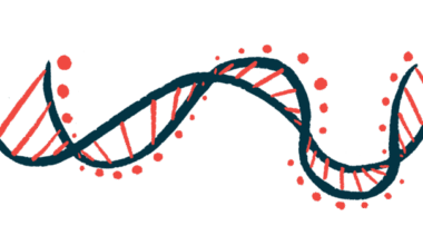 A close-up illustration of a DNA strand highlights its ribbon-like structure.