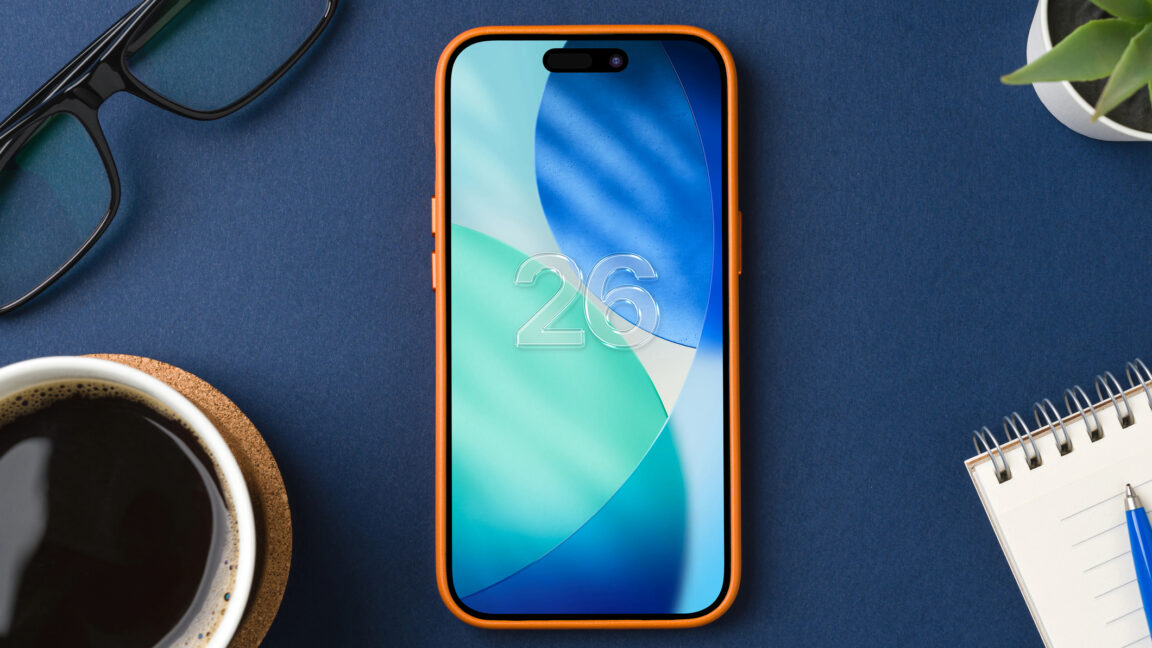 iPhone 16 Pro screen with new iOS 26 logo