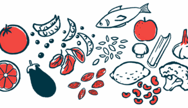 An illustration of a varied diet shows an assortment of fruits and vegetables, fish, and nuts and herbs.