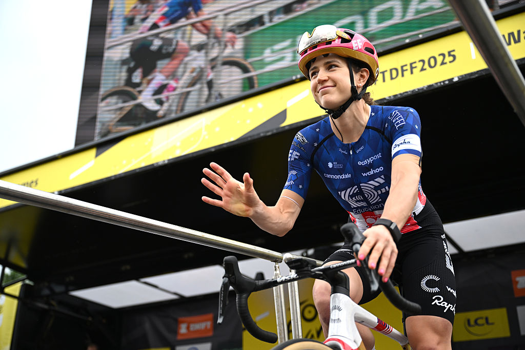 BREST, FRANCE - JULY 27: Kristen Faulkner of The United States and Team EF Education-Oatly prior to the 4th Tour de France Femmes 2025, Stage 2 a 110.4km stage from Brest to Quimper / #UCIWWT / on July 27, 2025 in Brest, France. (Photo by Szymon Gruchalski/Getty Images)