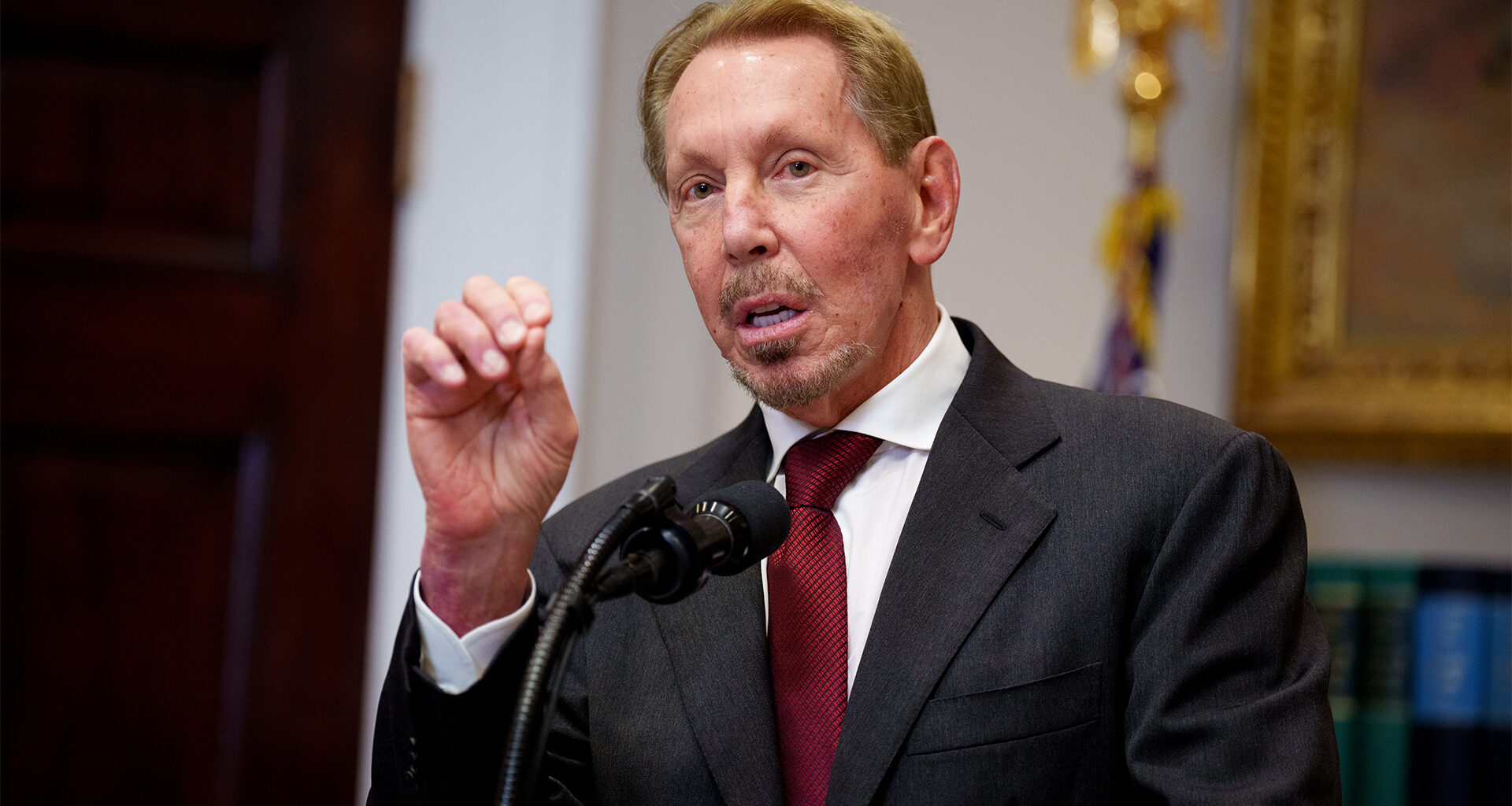 Oracle co-founder, CTO and Executive Chairman Larry Ellison listens as U.S. President Donald Trump speaks to reporters in the Oval Office of the White House on February 03, 2025 in Washington DC.